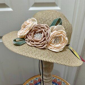 Women's Elegant Tweed Sun Hat With Satin Flowers And Pearls Special Event (NEW)
